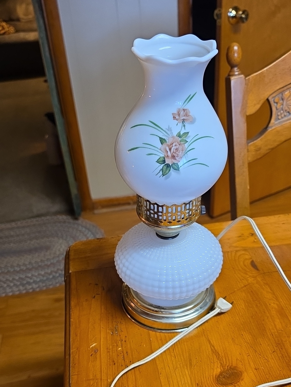 Vintage Milk Glass Table Lamp with Pink Floral Accent